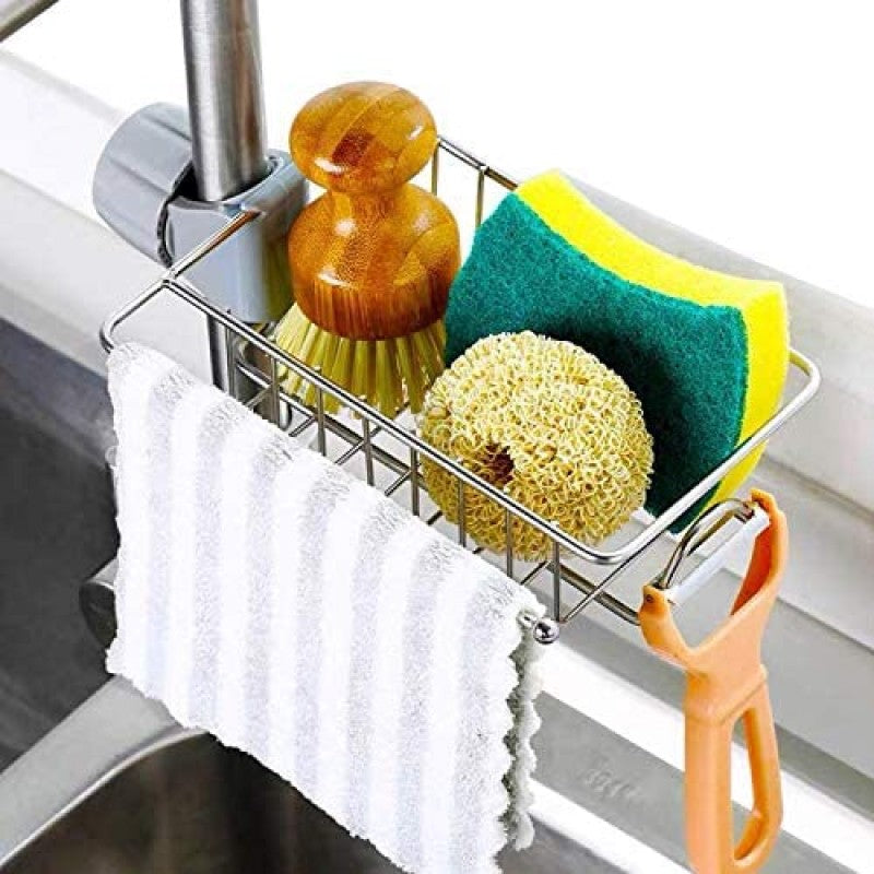 Stainless Steel Faucet Storage Rack, Sponge Holder, Adhesive Sink Caddy Organizer